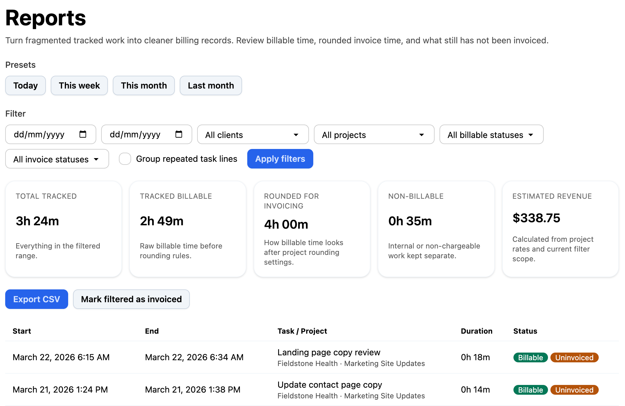 SoloHours Reports screen showing tracked billable time, rounded invoice time, non-billable work, estimated revenue, and invoice status