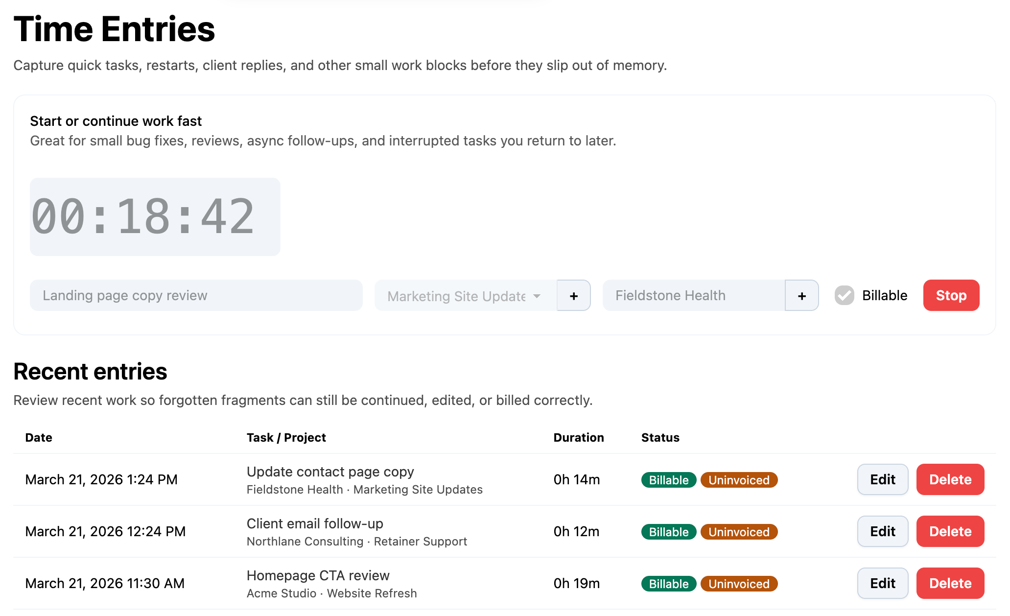 SoloHours Time Entries screen showing an active timer and recent billable entries